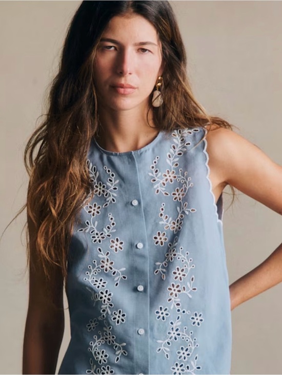 Sezane Tops - Sézane Light Blue Sleeveless Eyelet Embroidered Top
